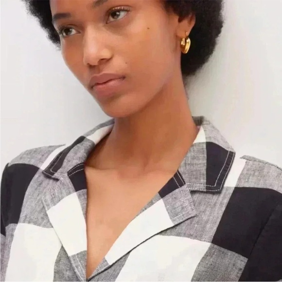 Everlane The Linen Shirt Dress Button Front Checkered Black White Knee Length XL - Picture 6 of 12